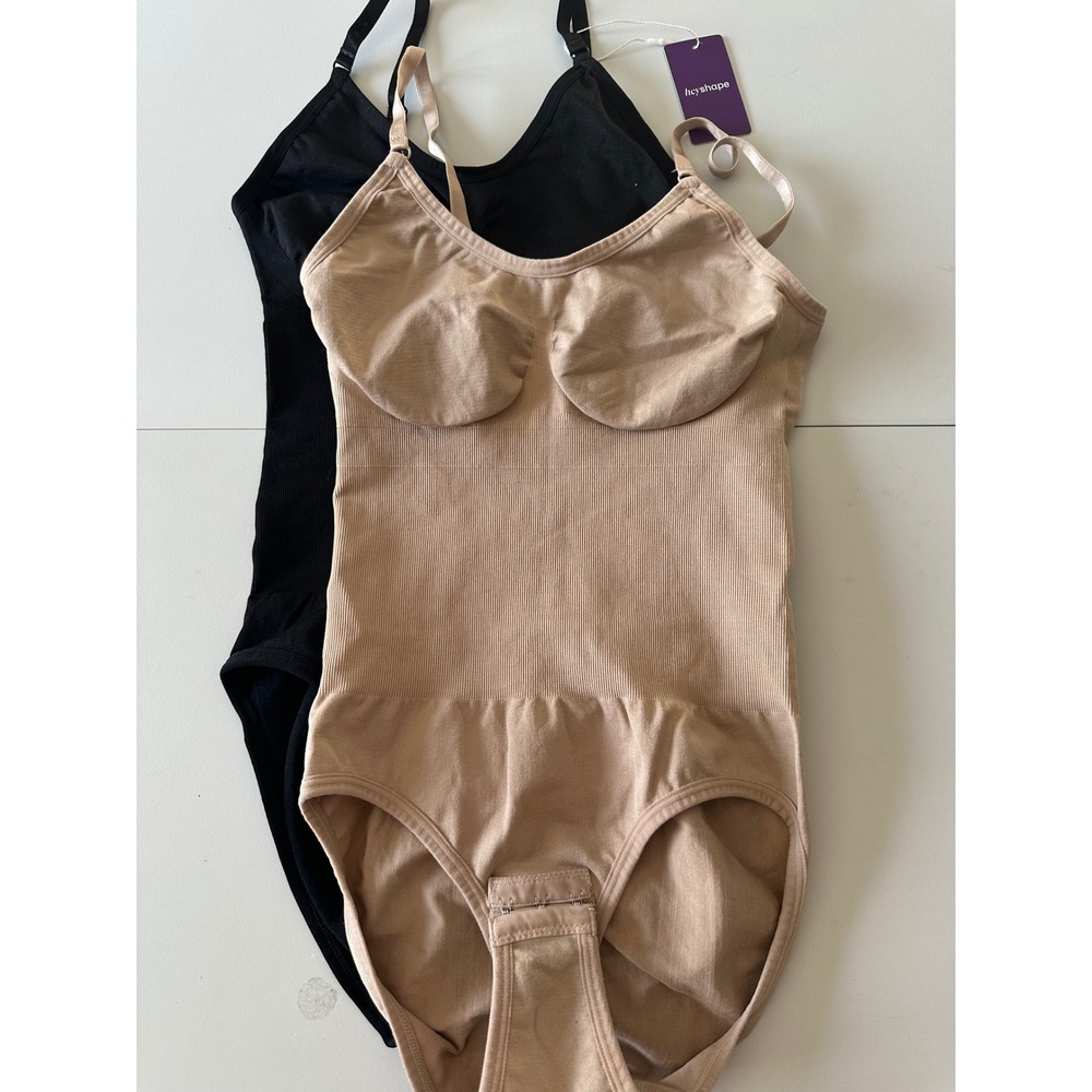 Heyshape Seamless Shapewear Bodysuit Set 2pk Black Beige Tummy Control Medium